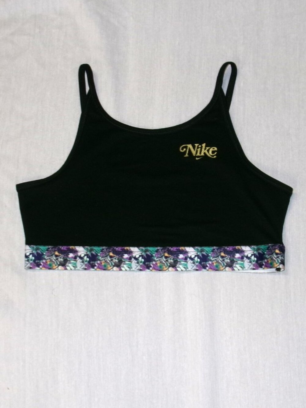 Nike Dri Fit Trophy Sports Bra Girls sz XL Black Purple Floral Printed Band